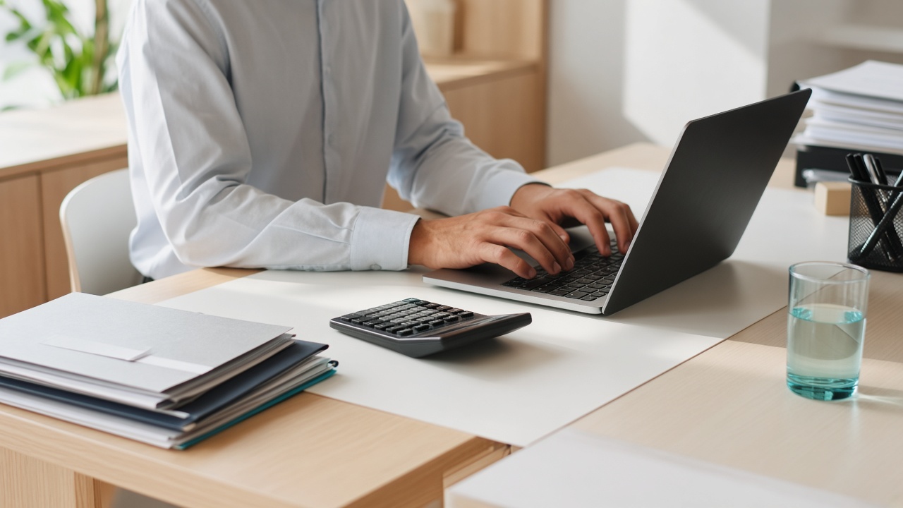 Mesa de trabalho no escritório, com pastas e notebook